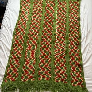 Vtg 40X60 Crocheted Afghan Throw w/ Fringe Avocado Green Tan Brown Cream 1970’s